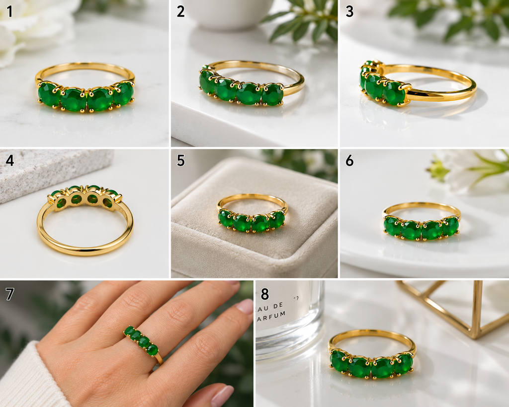 Ring-44 Vintage Style 14K Gold Tone Ring with 4 Emerald Green CZ Stones | Size 9 | Elegant Fashion Cocktail Ringce