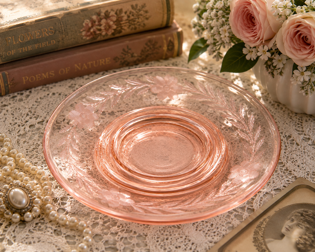 SA-10--Vintage Pink Etched Depression Glass Saucers – Set of 6