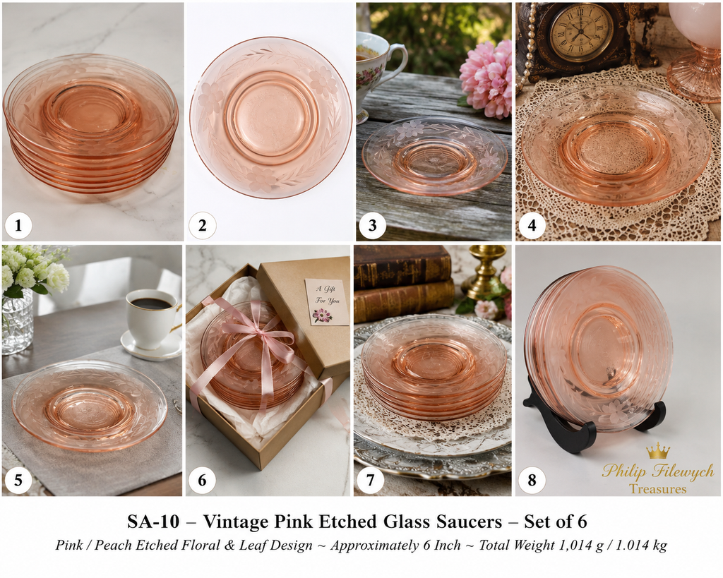 SA-10--Vintage Pink Etched Depression Glass Saucers – Set of 6