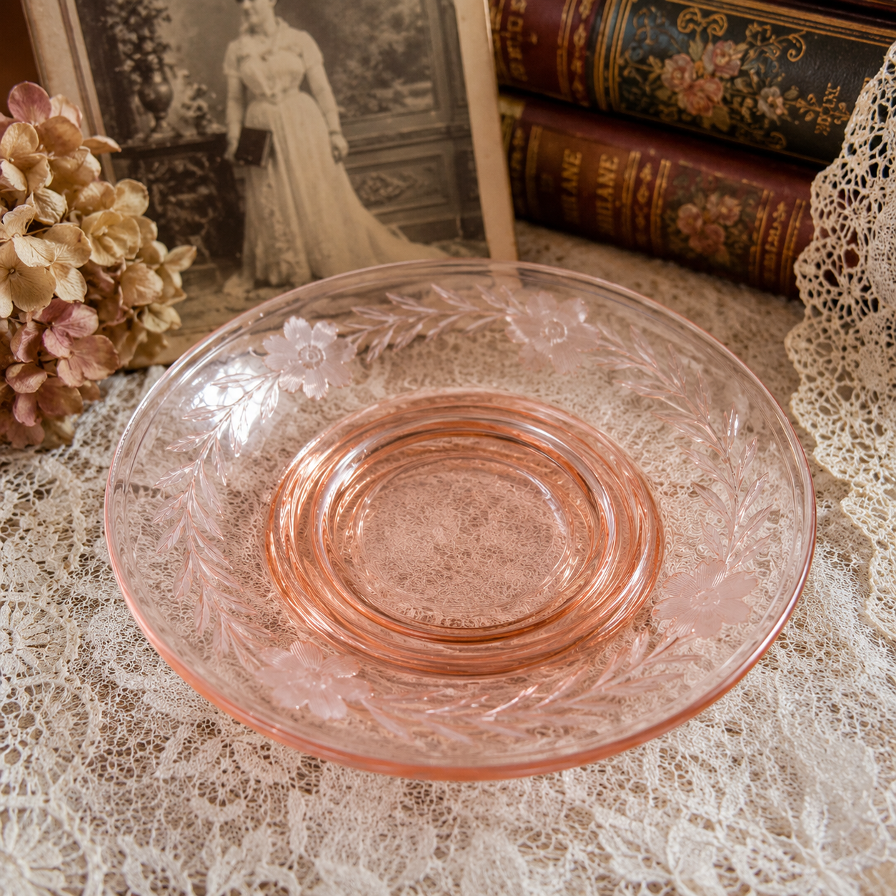 SA-10--Vintage Pink Etched Depression Glass Saucers – Set of 6