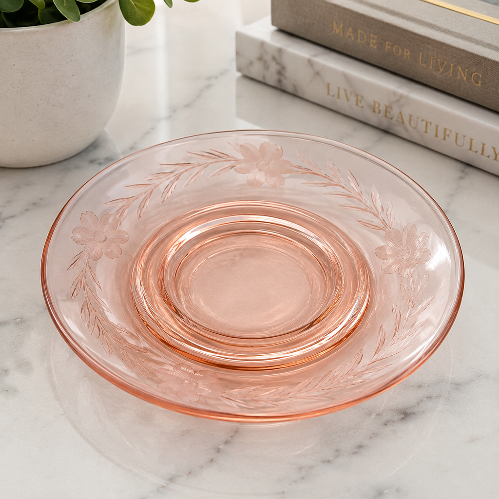 SA-10--Vintage Pink Etched Depression Glass Saucers – Set of 6