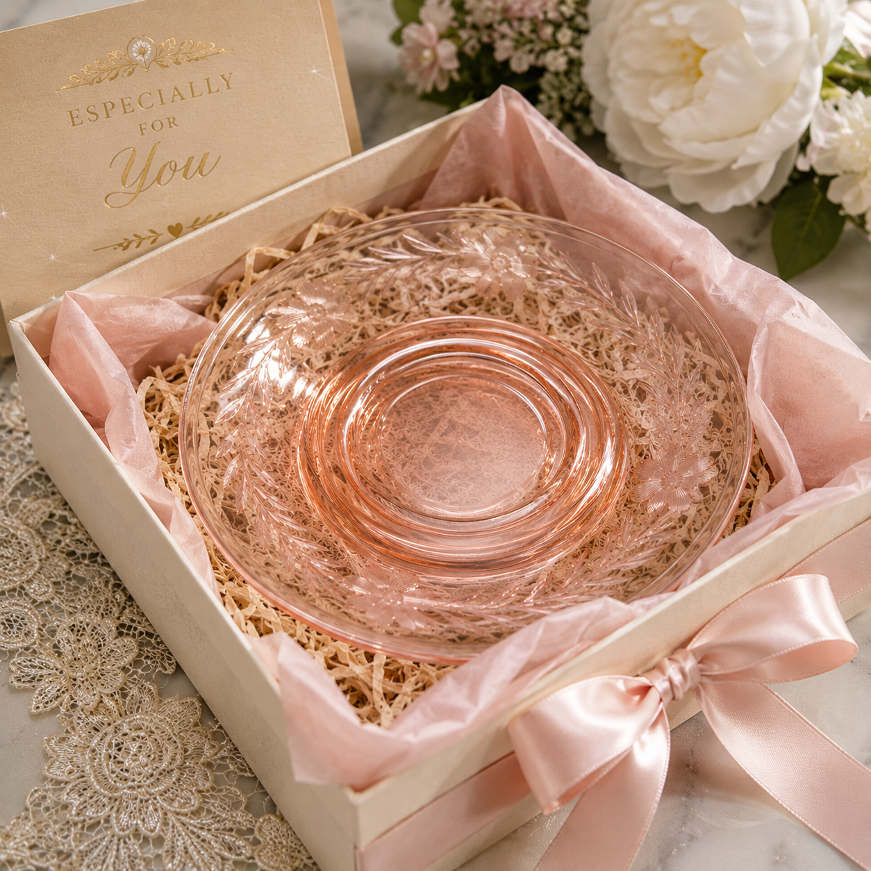 SA-10--Vintage Pink Etched Depression Glass Saucers – Set of 6