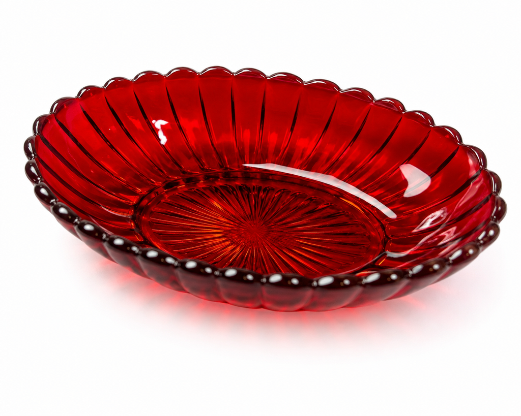 SB-20--Vintage Imperial Glass Ruby Red Pillar Flute Oval Relish Bowl – 1940s–1950s