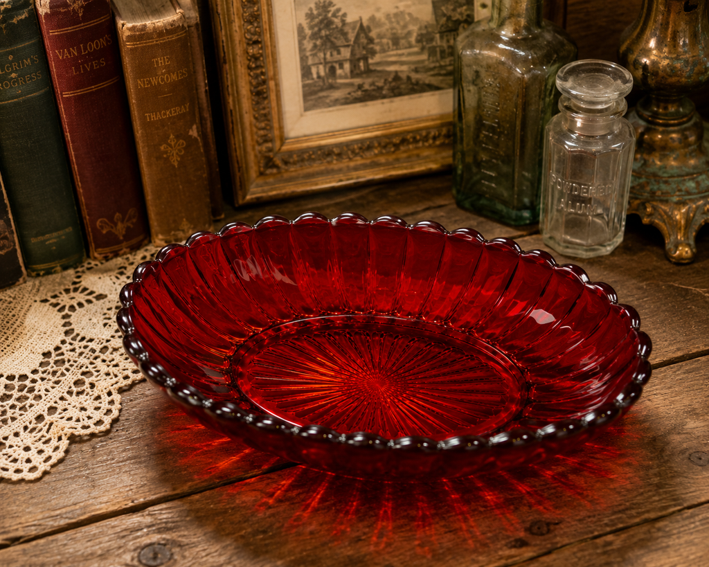 SB-20--Vintage Imperial Glass Ruby Red Pillar Flute Oval Relish Bowl – 1940s–1950s