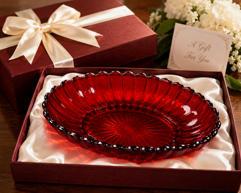 SB-20--Vintage Imperial Glass Ruby Red Pillar Flute Oval Relish Bowl – 1940s–1950s