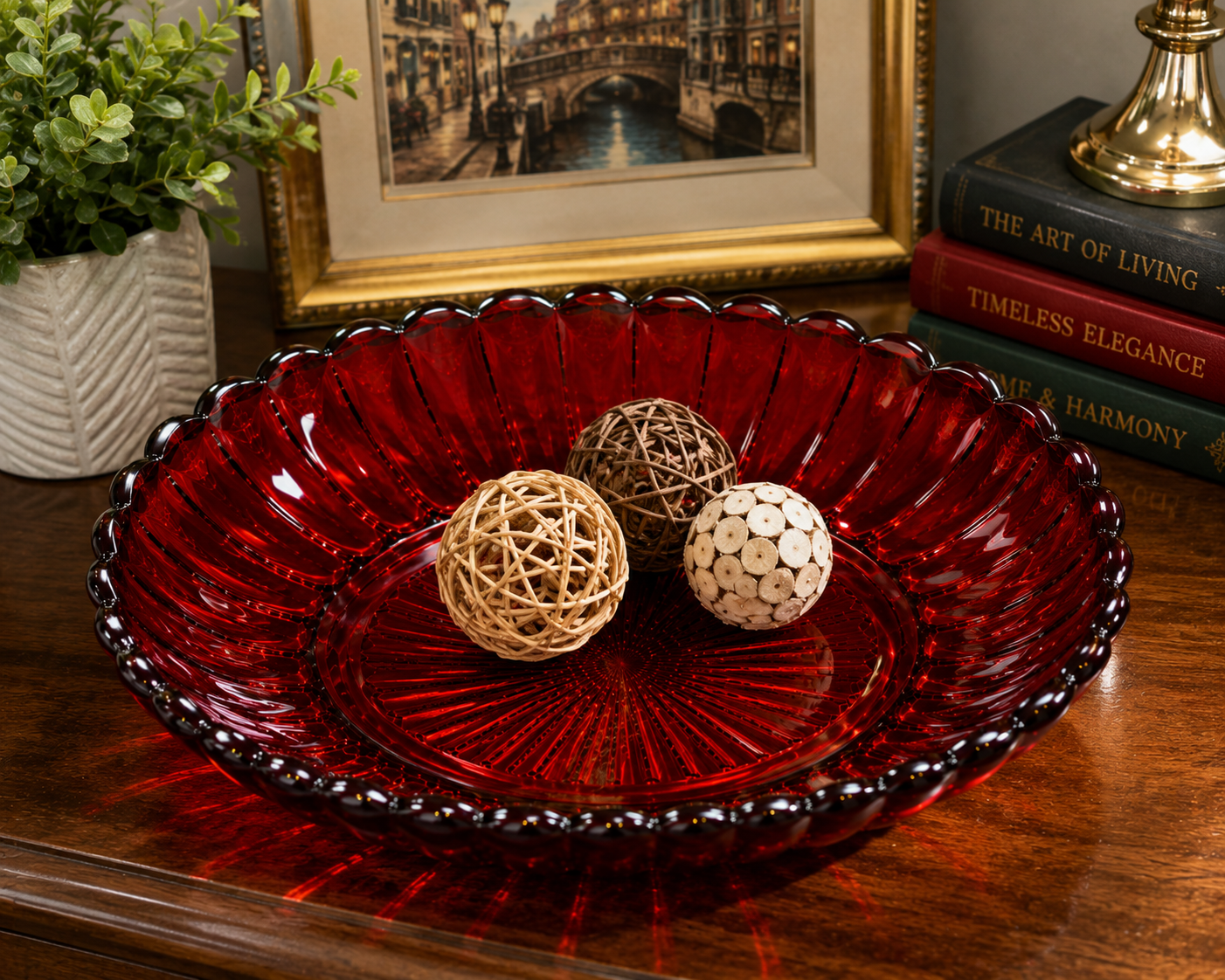 SB-20--Vintage Imperial Glass Ruby Red Pillar Flute Oval Relish Bowl – 1940s–1950s