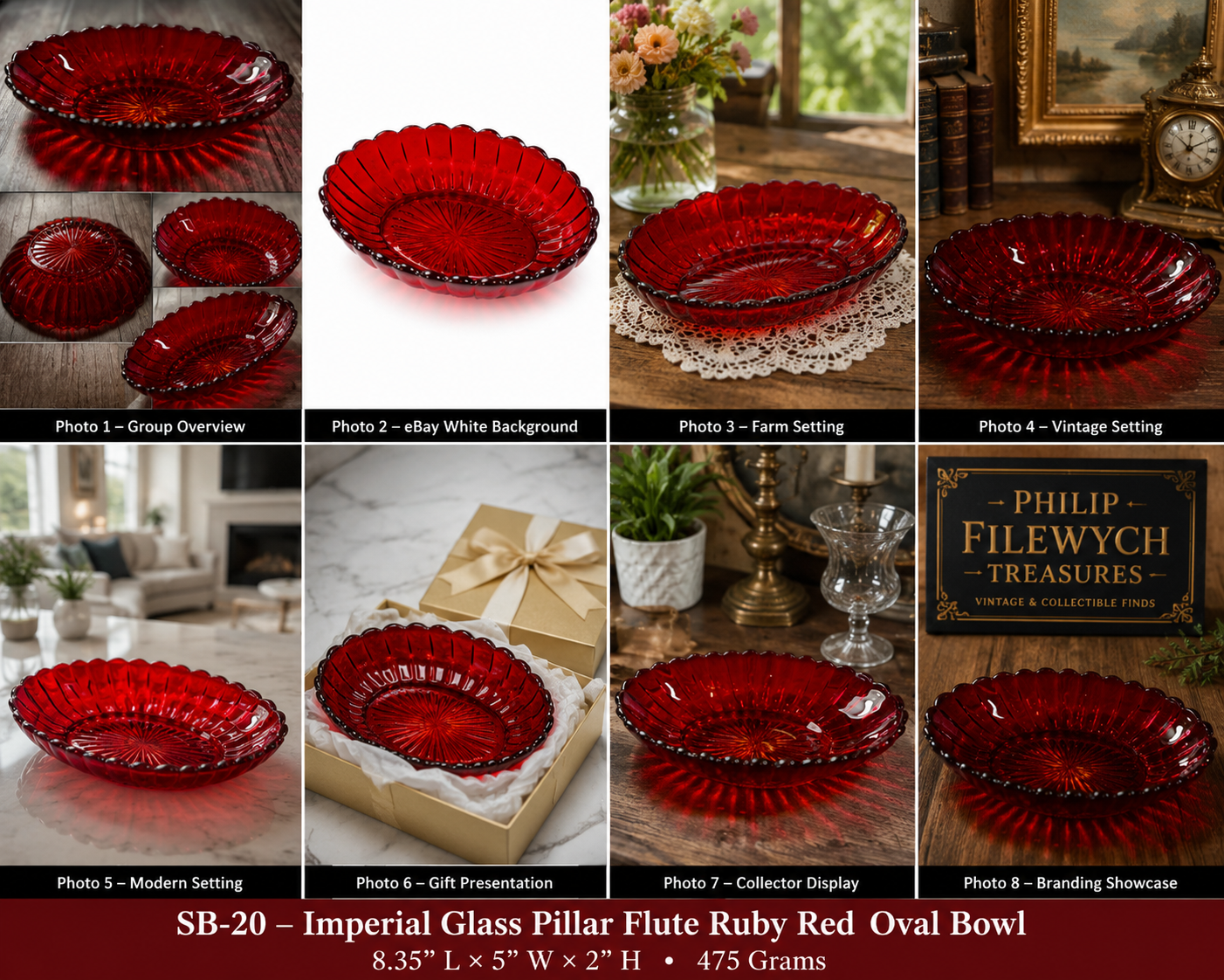 SB-20--Vintage Imperial Glass Ruby Red Pillar Flute Oval Relish Bowl – 1940s–1950s
