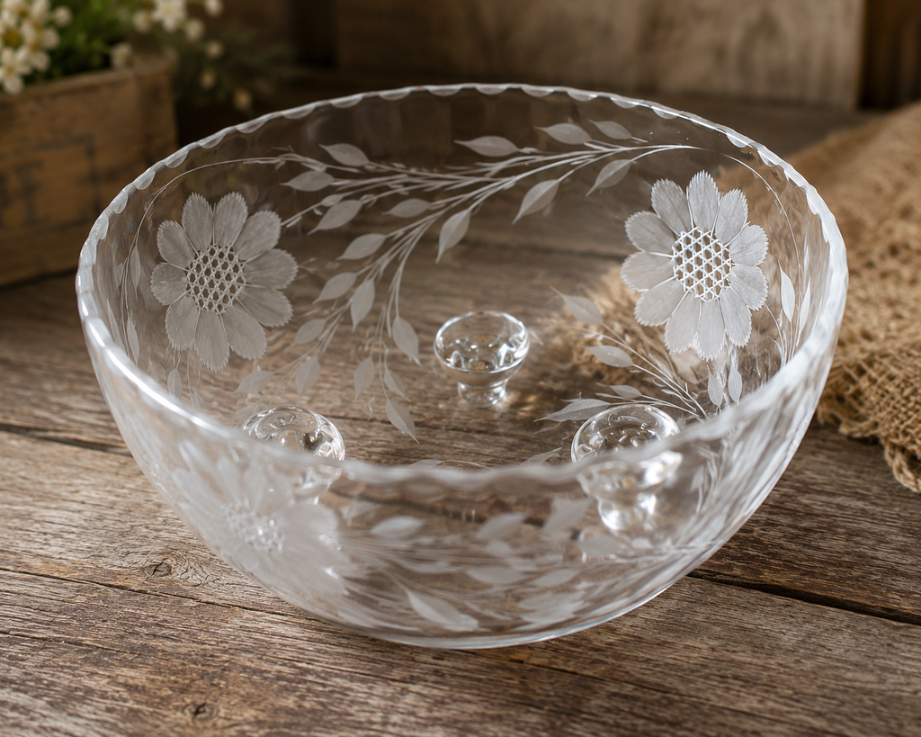 SB-25 Vintage French Clear Glass Bowl – Wheat & Floral Enameled Pattern – Made in France
