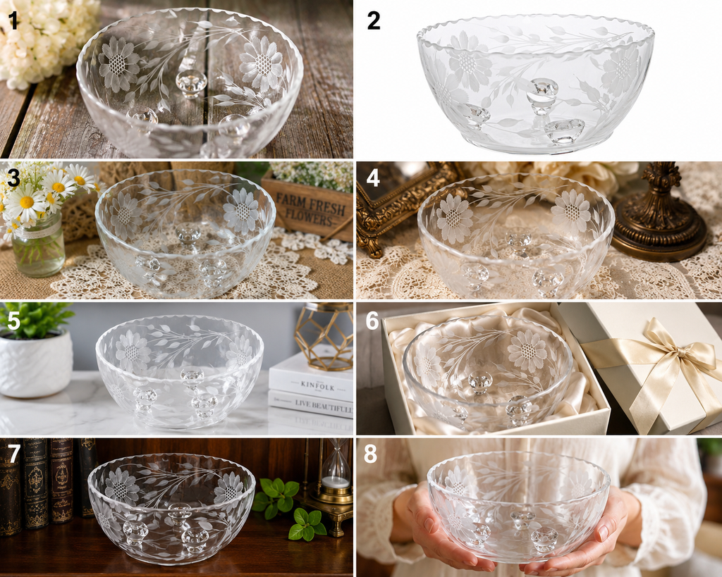 SB-25 Vintage French Clear Glass Bowl – Wheat & Floral Enameled Pattern – Made in France