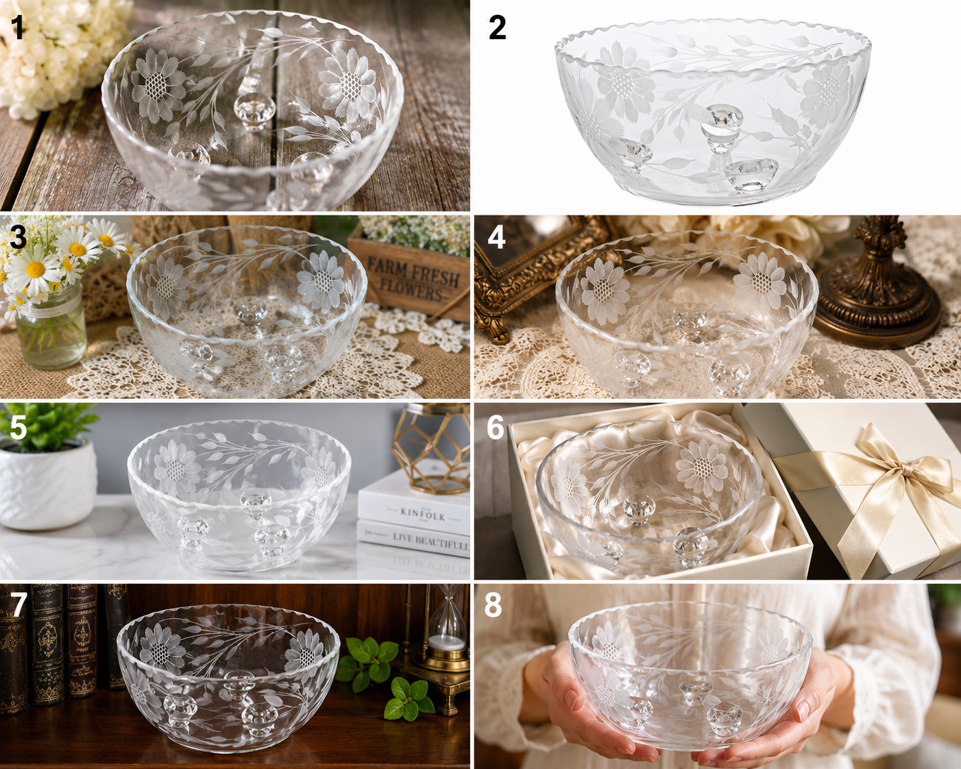 SB-25 Vintage French Clear Glass Bowl – Wheat & Floral Enameled Pattern – Made in France