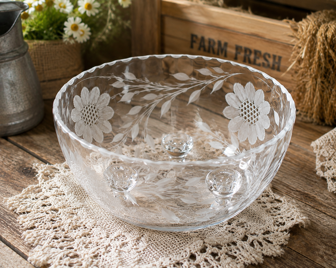 SB-25 Vintage French Clear Glass Bowl – Wheat & Floral Enameled Pattern – Made in France