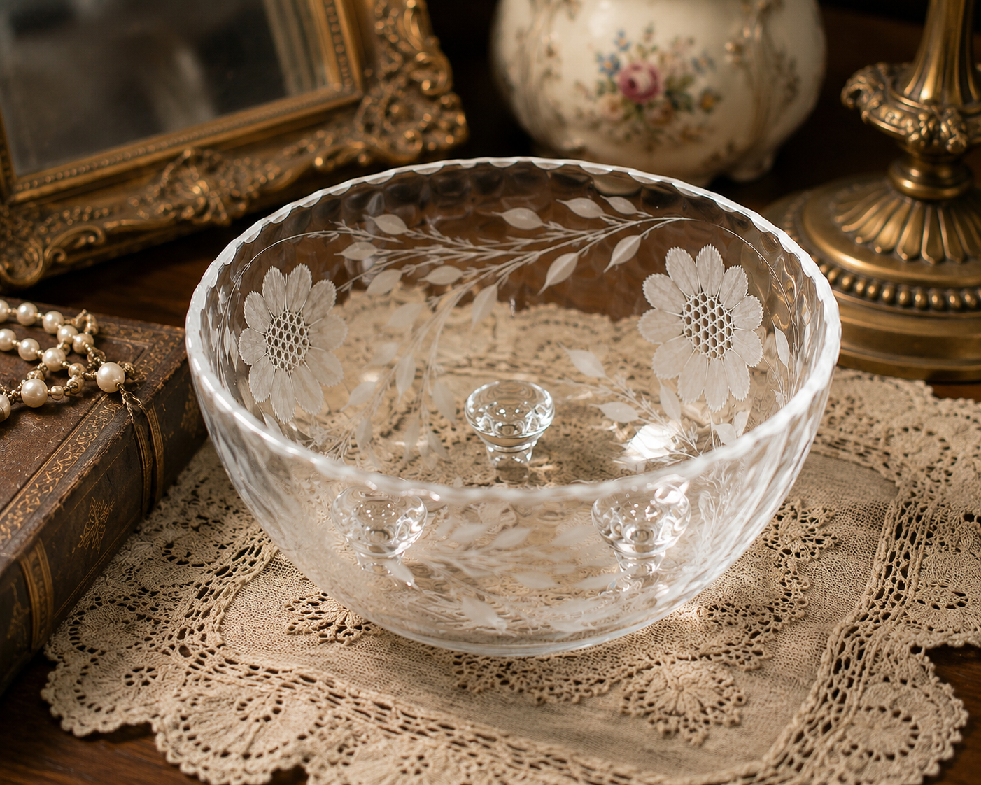 SB-25 Vintage French Clear Glass Bowl – Wheat & Floral Enameled Pattern – Made in France