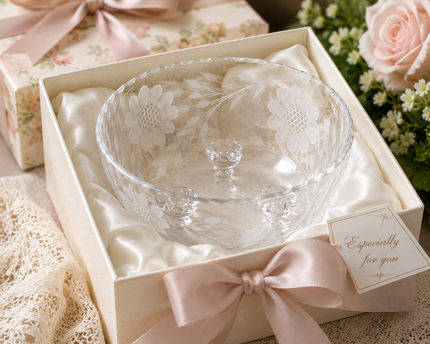 SB-25 Vintage French Clear Glass Bowl – Wheat & Floral Enameled Pattern – Made in France