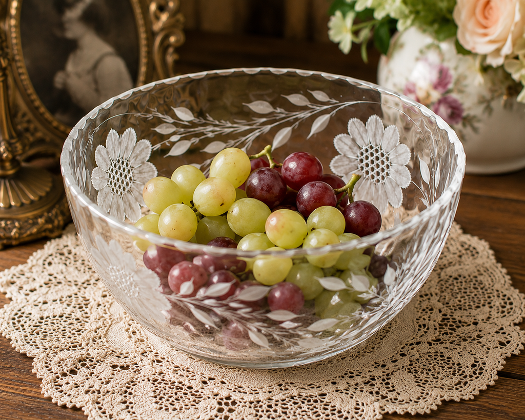 SB-25 Vintage French Clear Glass Bowl – Wheat & Floral Enameled Pattern – Made in France