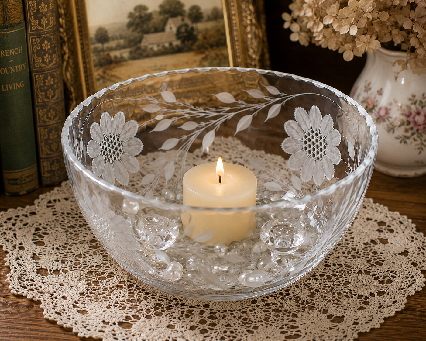 SB-25 Vintage French Clear Glass Bowl – Wheat & Floral Enameled Pattern – Made in France
