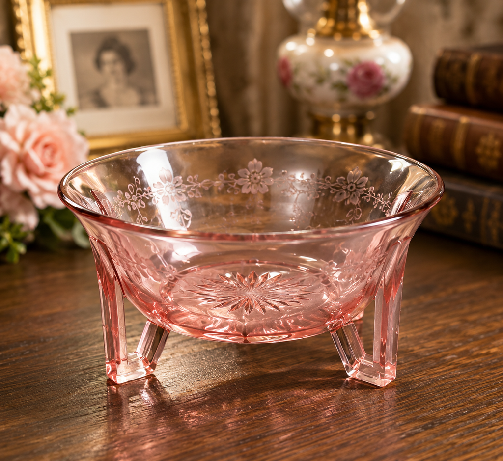 SB-50--Vintage Pink Depression Glass Footed Bowl | Etched Starburst Console Bowl