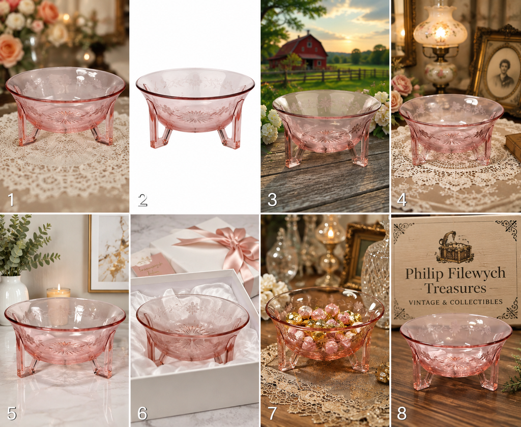 SB-50--Vintage Pink Depression Glass Footed Bowl | Etched Starburst Console Bowl