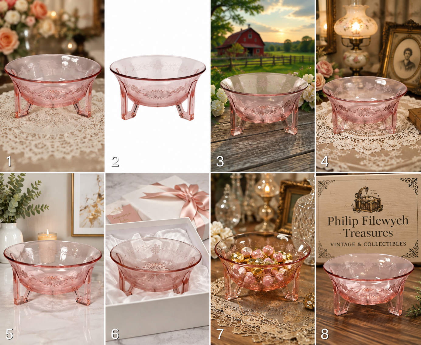 SB-50--Vintage Pink Depression Glass Footed Bowl | Etched Starburst Console Bowl