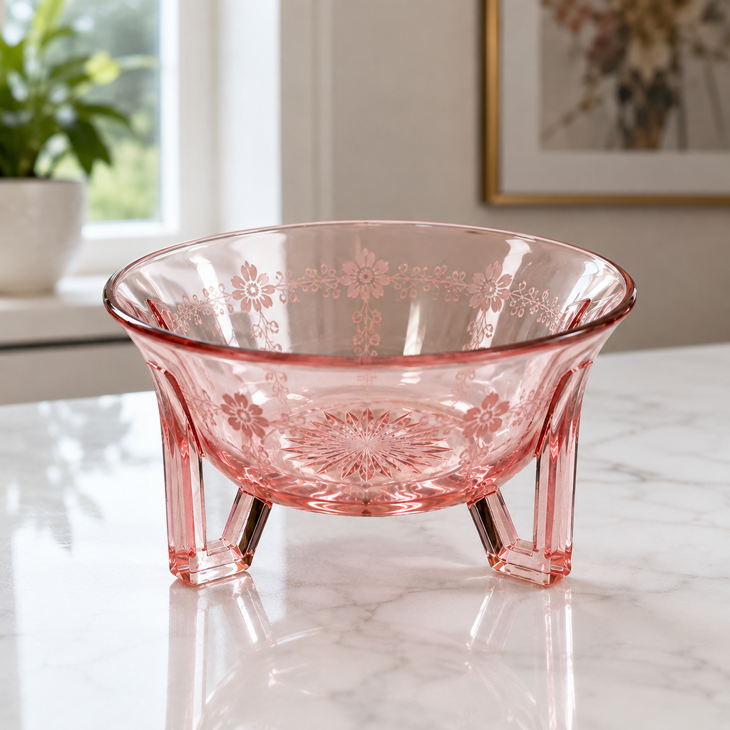 SB-50--Vintage Pink Depression Glass Footed Bowl | Etched Starburst Console Bowl
