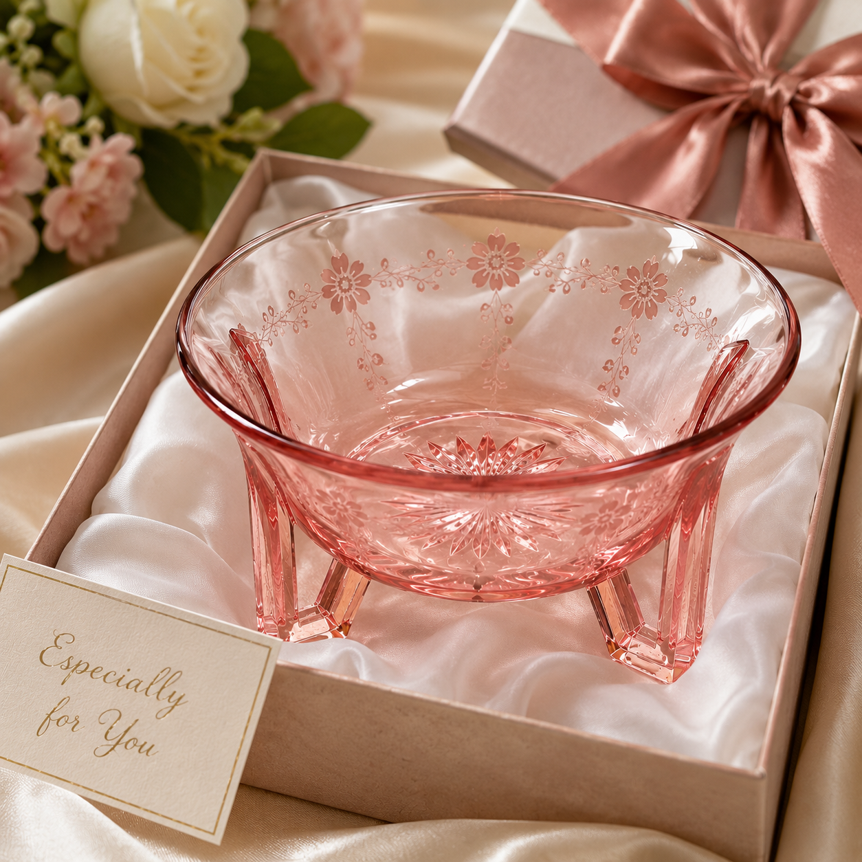 SB-50--Vintage Pink Depression Glass Footed Bowl | Etched Starburst Console Bowl