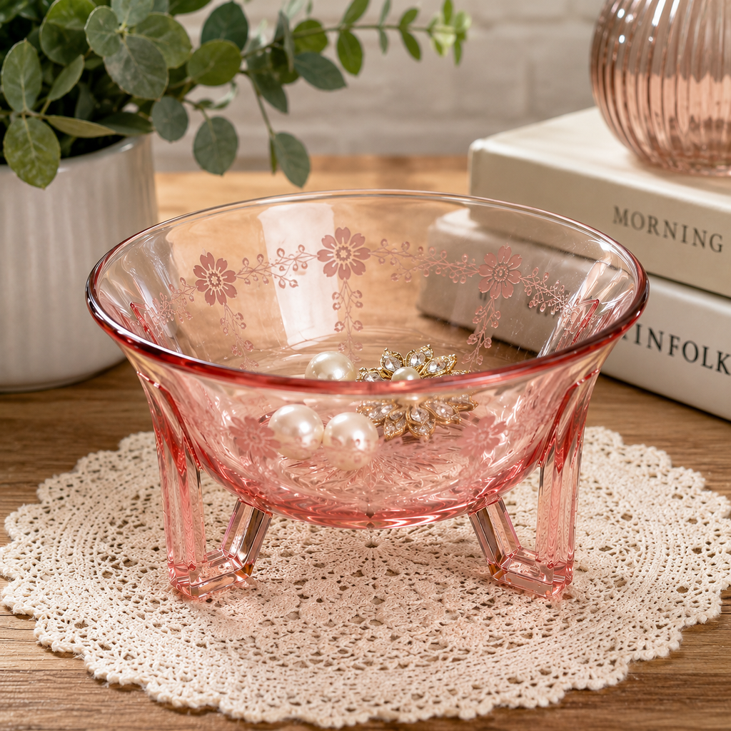 SB-50--Vintage Pink Depression Glass Footed Bowl | Etched Starburst Console Bowl