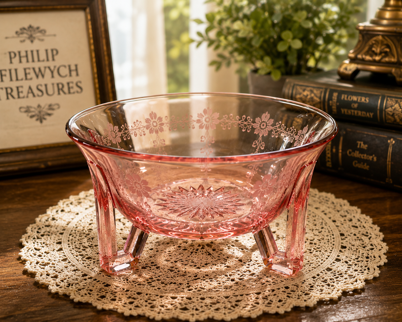 SB-50--Vintage Pink Depression Glass Footed Bowl | Etched Starburst Console Bowl