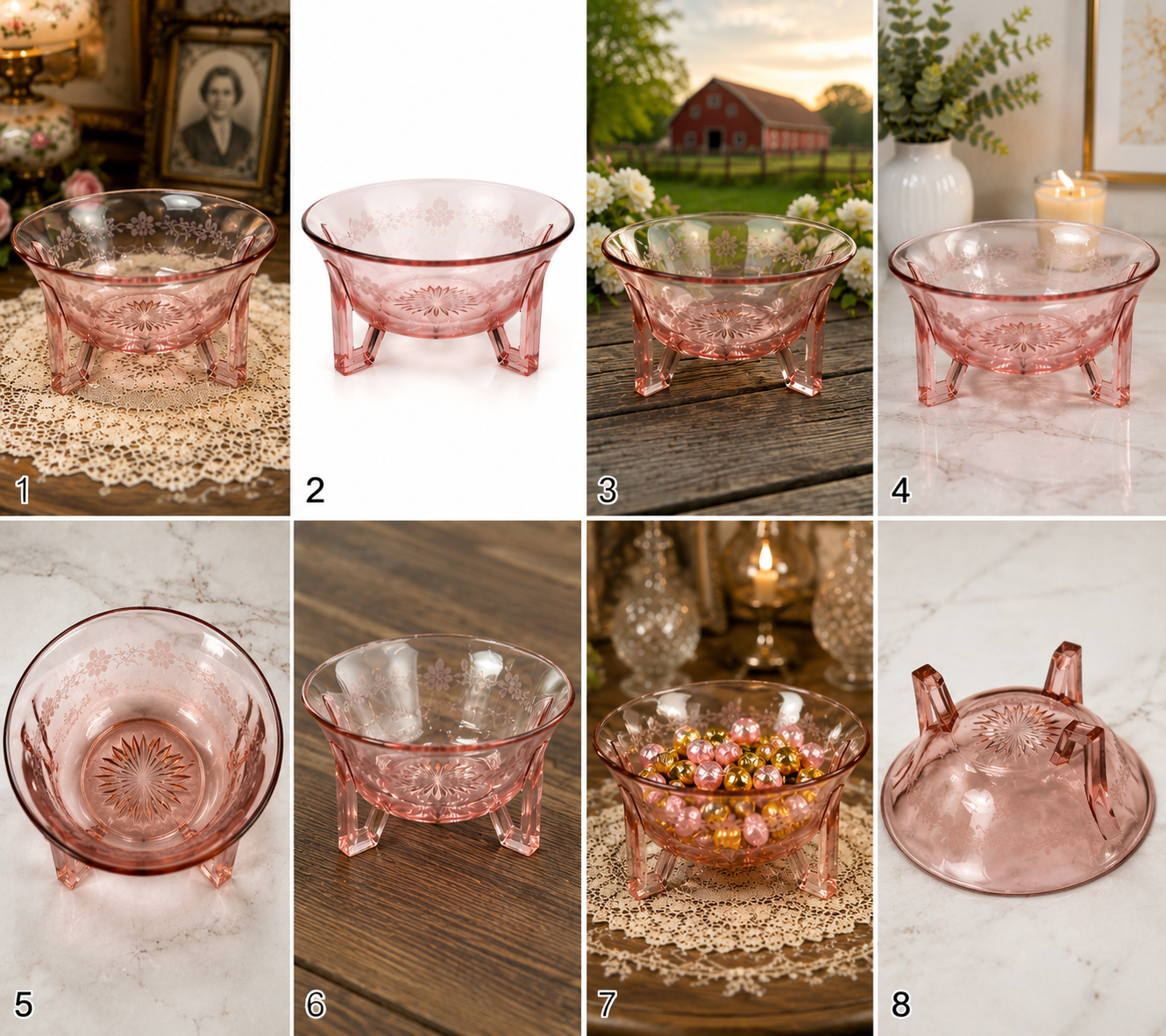 SB-50--Vintage Pink Depression Glass Footed Bowl | Etched Starburst Console Bowl
