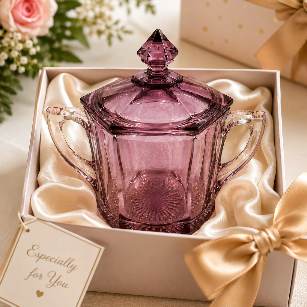 SB-54--Vintage Jeannette Cube/Cubist Pink Depression Glass Covered Sugar Bowl – Art Deco c. 1929–1933