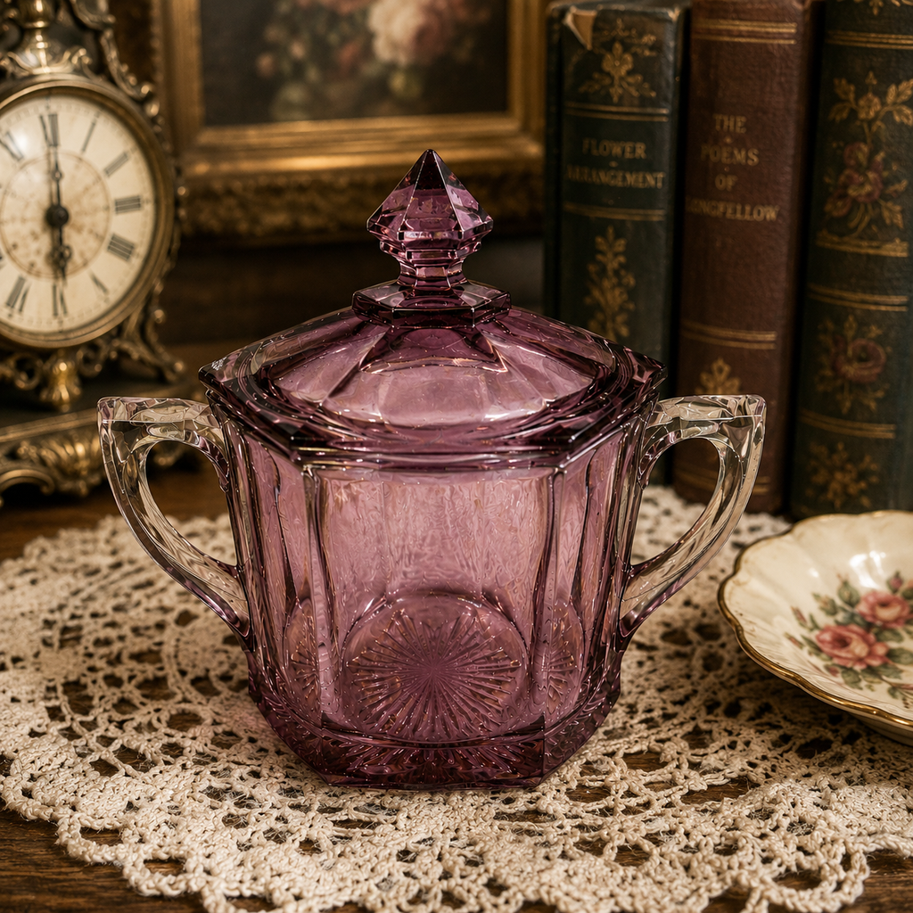 SB-54--Vintage Jeannette Cube/Cubist Pink Depression Glass Covered Sugar Bowl – Art Deco c. 1929–1933