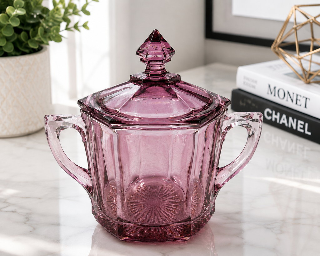 SB-54--Vintage Jeannette Cube/Cubist Pink Depression Glass Covered Sugar Bowl – Art Deco c. 1929–1933