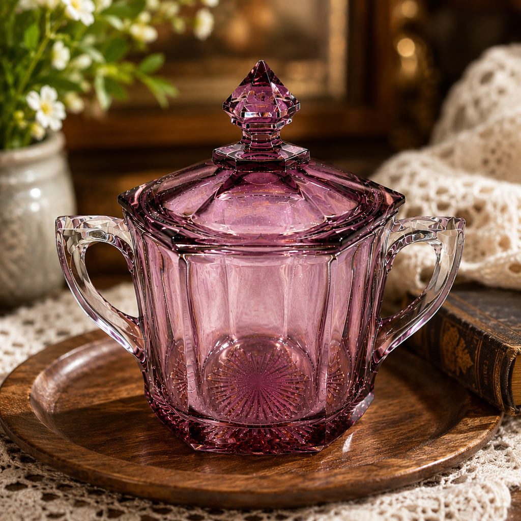 SB-54--Vintage Jeannette Cube/Cubist Pink Depression Glass Covered Sugar Bowl – Art Deco c. 1929–1933