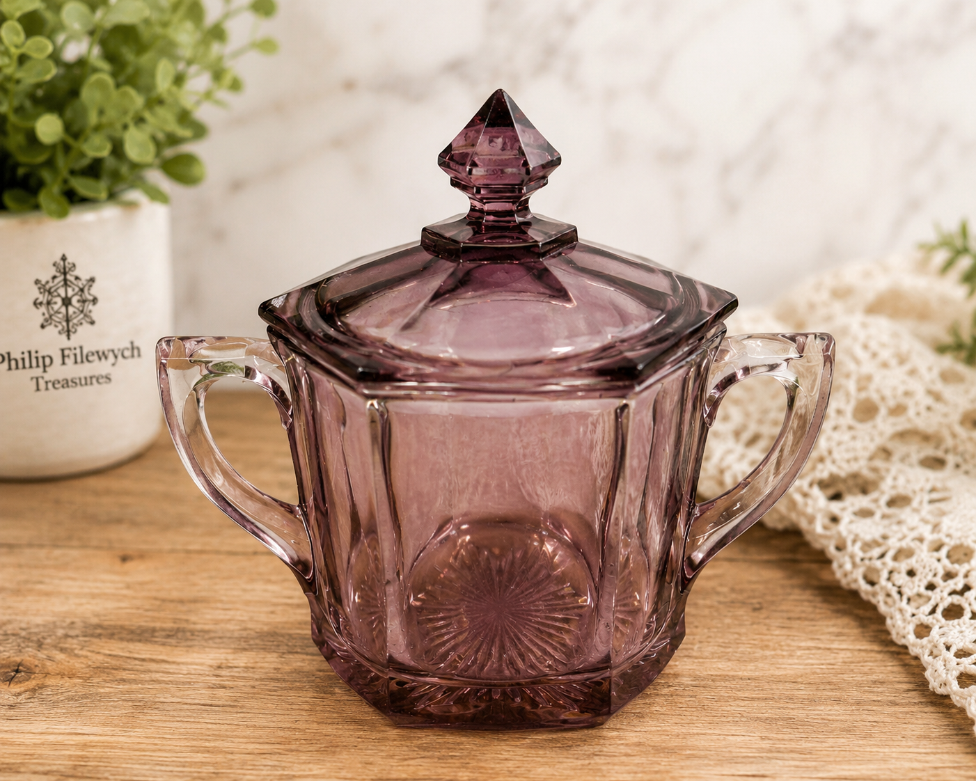 SB-54--Vintage Jeannette Cube/Cubist Pink Depression Glass Covered Sugar Bowl – Art Deco c. 1929–1933