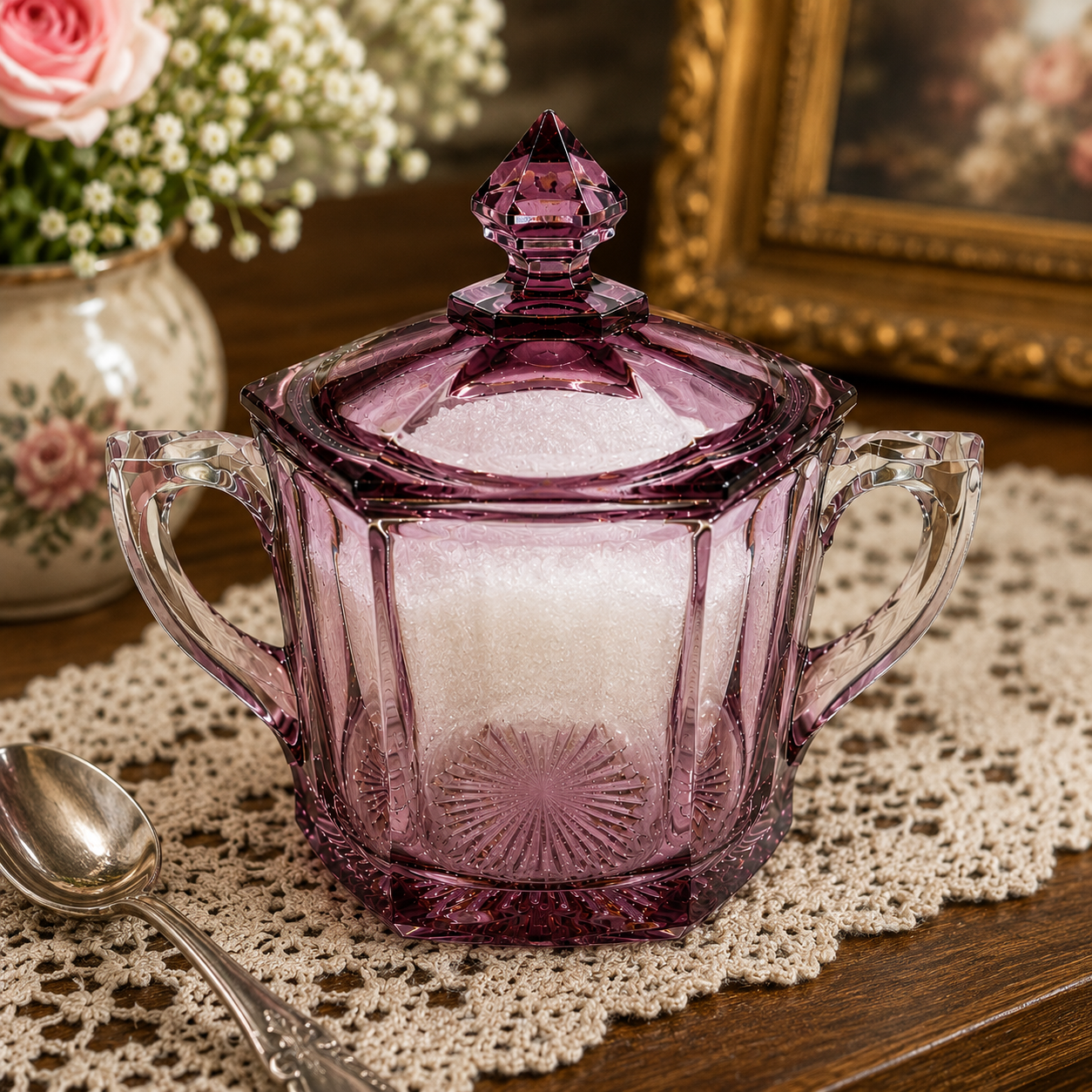 SB-54--Vintage Jeannette Cube/Cubist Pink Depression Glass Covered Sugar Bowl – Art Deco c. 1929–1933