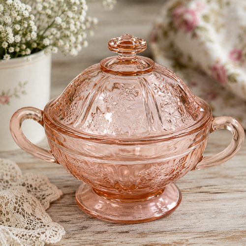 BD-65--Vintage Pink Depression Glass Covered Sugar Bowl with Lid | Floral Two Handle Footed Bowl |