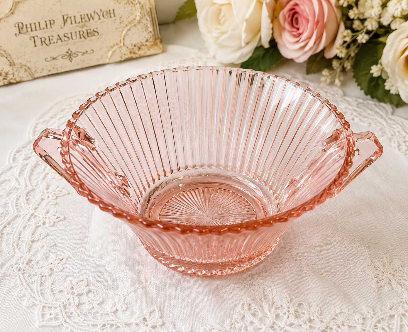 SB-65--Vintage Pink Anchor Hocking Old Cafe Depression Glass Handled Bowl