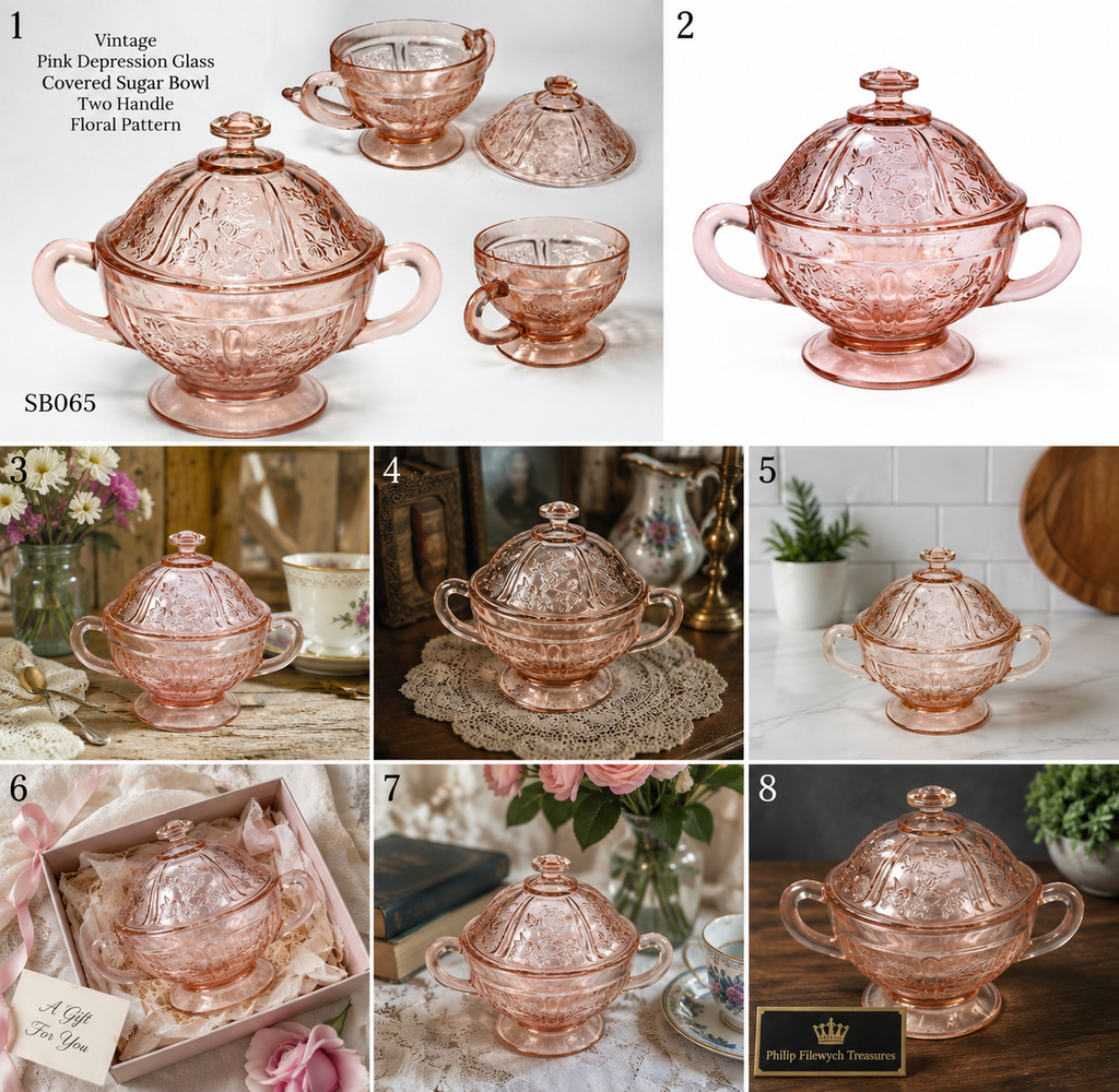 BD-65--Vintage Pink Depression Glass Covered Sugar Bowl with Lid | Floral Two Handle Footed Bowl |