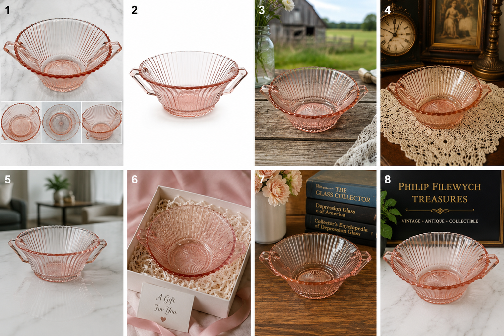SB-65--Vintage Pink Anchor Hocking Old Cafe Depression Glass Handled Bowl