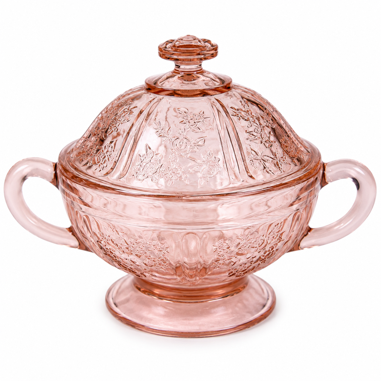 BD-65--Vintage Pink Depression Glass Covered Sugar Bowl with Lid | Floral Two Handle Footed Bowl |