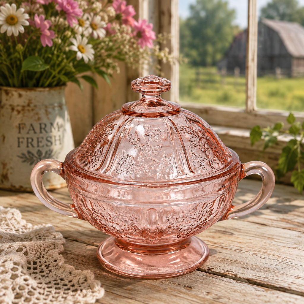 BD-65--Vintage Pink Depression Glass Covered Sugar Bowl with Lid | Floral Two Handle Footed Bowl |
