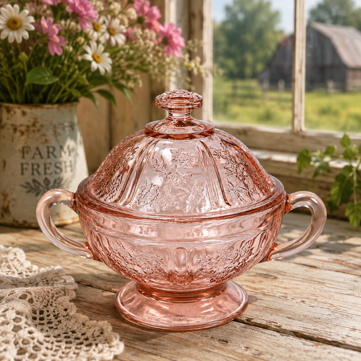 BD-65--Vintage Pink Depression Glass Covered Sugar Bowl with Lid | Floral Two Handle Footed Bowl |