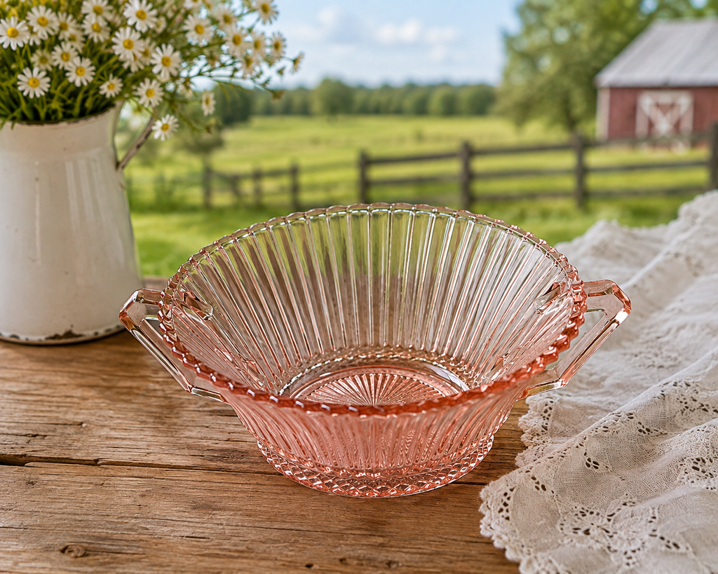 SB-65--Vintage Pink Anchor Hocking Old Cafe Depression Glass Handled Bowl
