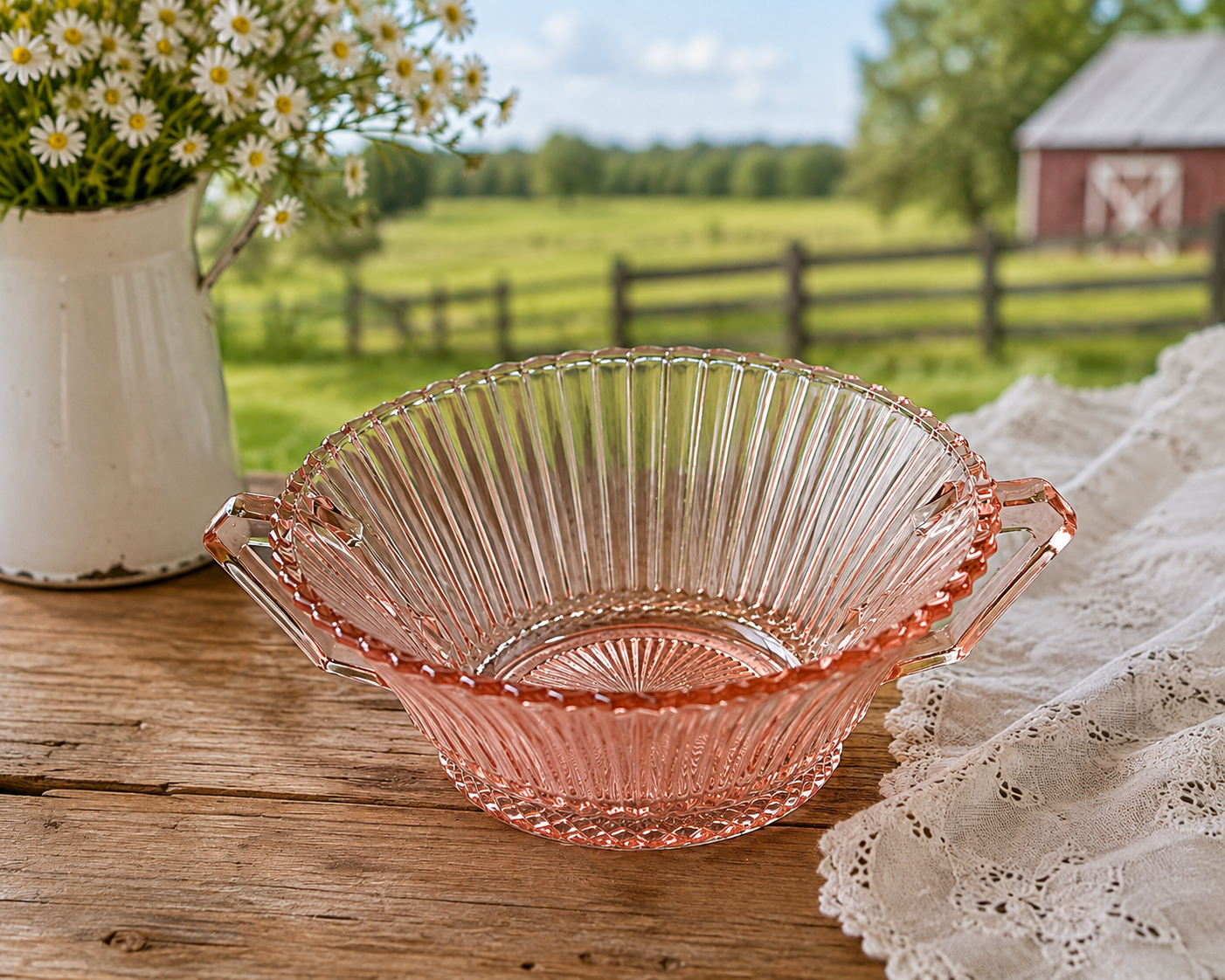 SB-65--Vintage Pink Anchor Hocking Old Cafe Depression Glass Handled Bowl