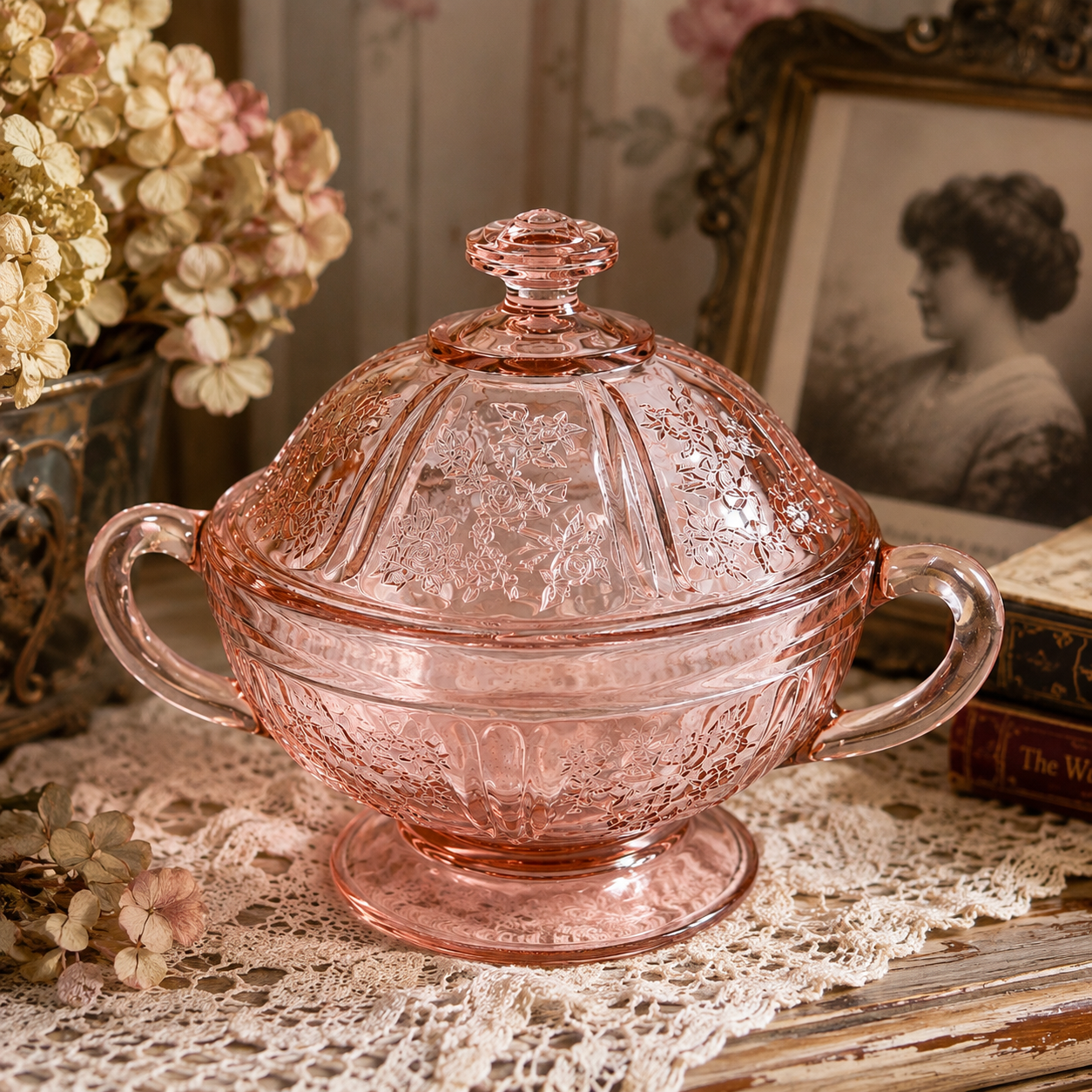 BD-65--Vintage Pink Depression Glass Covered Sugar Bowl with Lid | Floral Two Handle Footed Bowl |