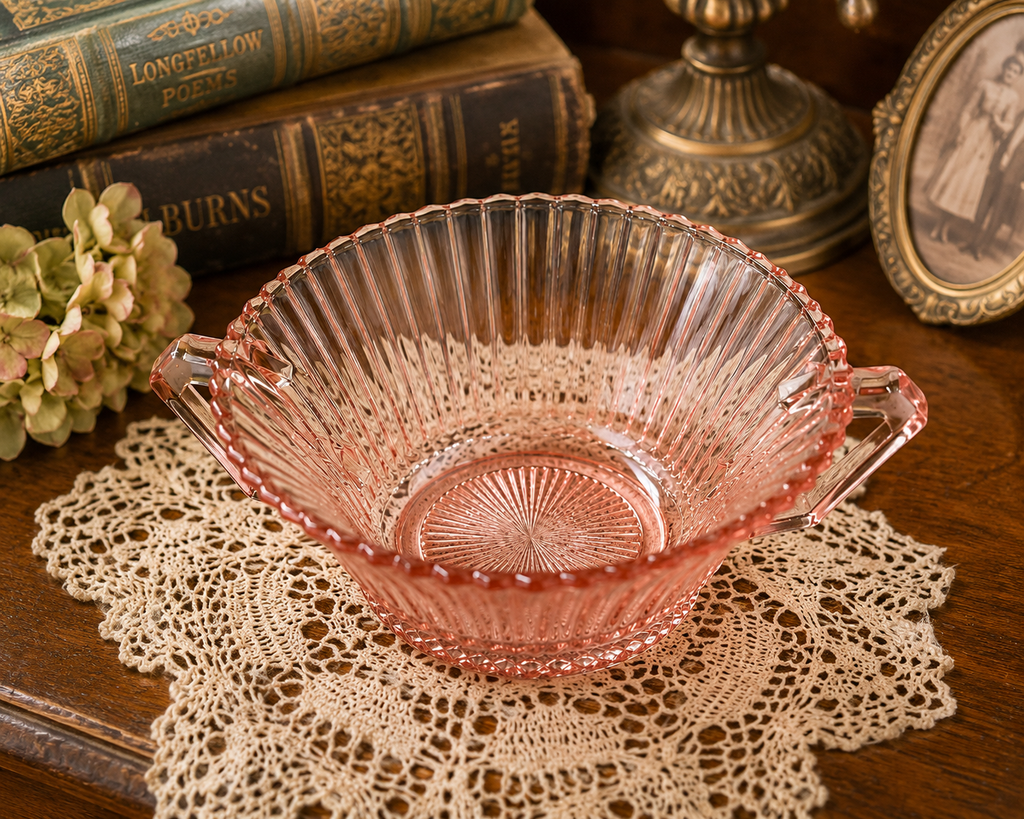 SB-65--Vintage Pink Anchor Hocking Old Cafe Depression Glass Handled Bowl