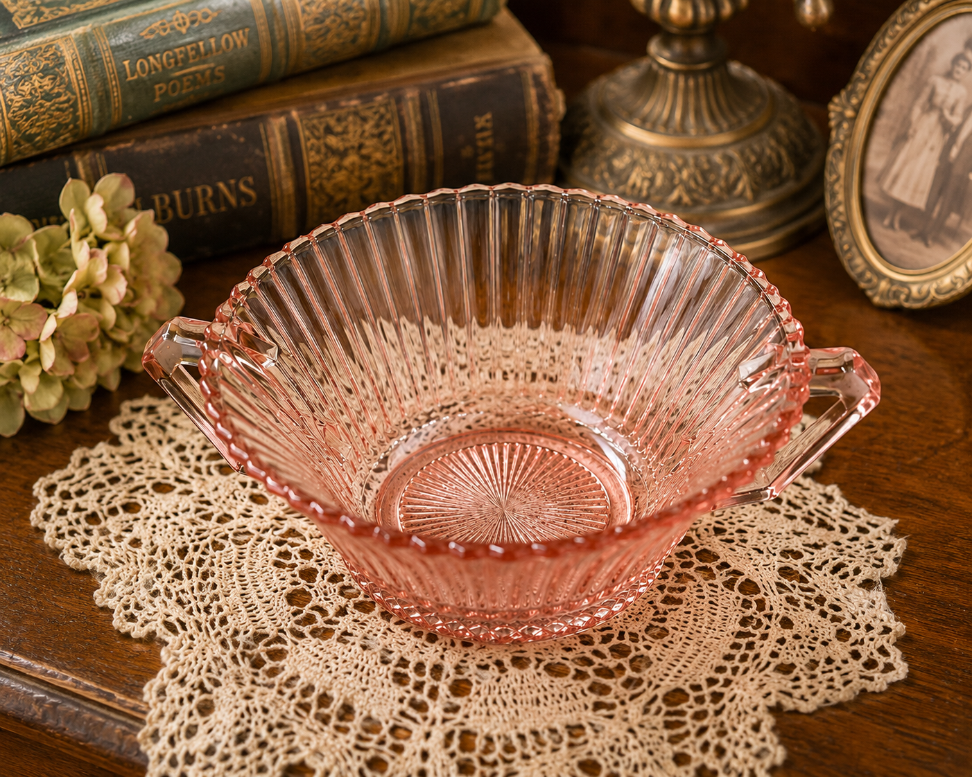 SB-65--Vintage Pink Anchor Hocking Old Cafe Depression Glass Handled Bowl