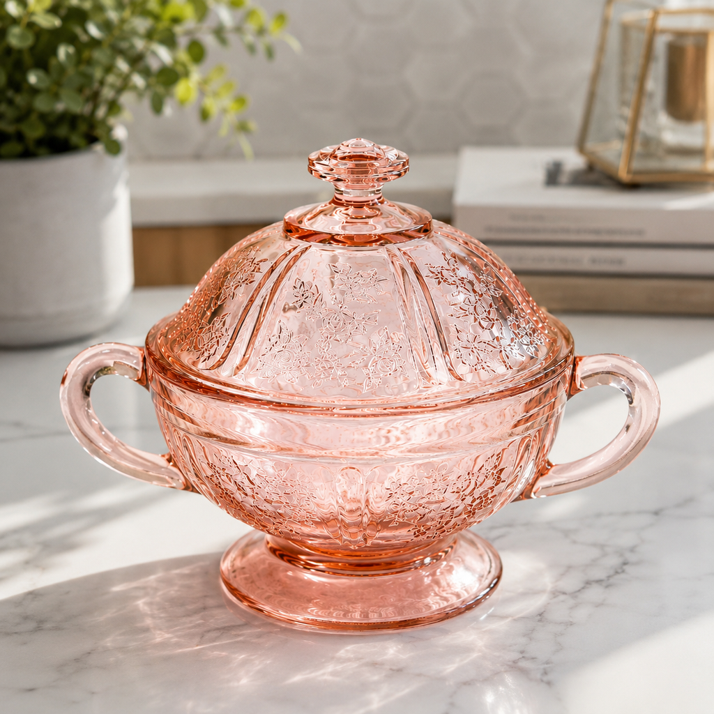 BD-65--Vintage Pink Depression Glass Covered Sugar Bowl with Lid | Floral Two Handle Footed Bowl |