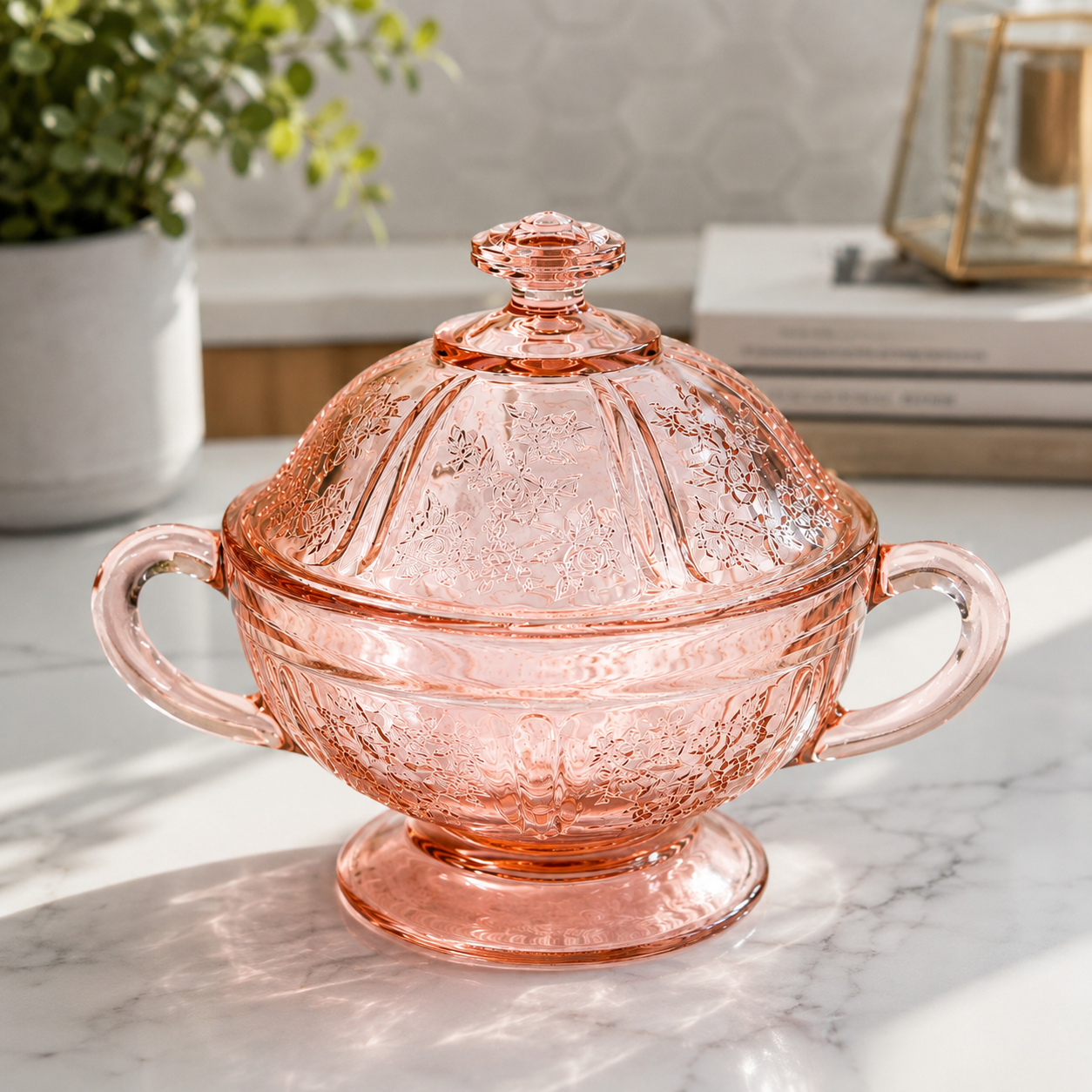 BD-65--Vintage Pink Depression Glass Covered Sugar Bowl with Lid | Floral Two Handle Footed Bowl |