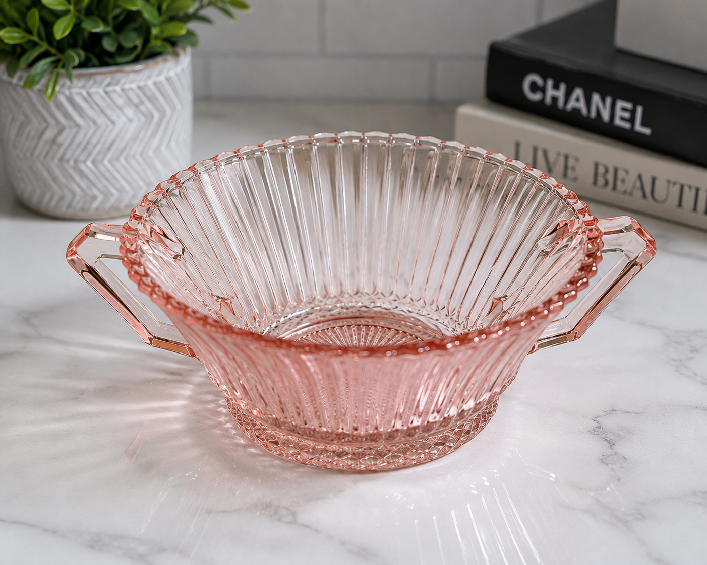 SB-65--Vintage Pink Anchor Hocking Old Cafe Depression Glass Handled Bowl