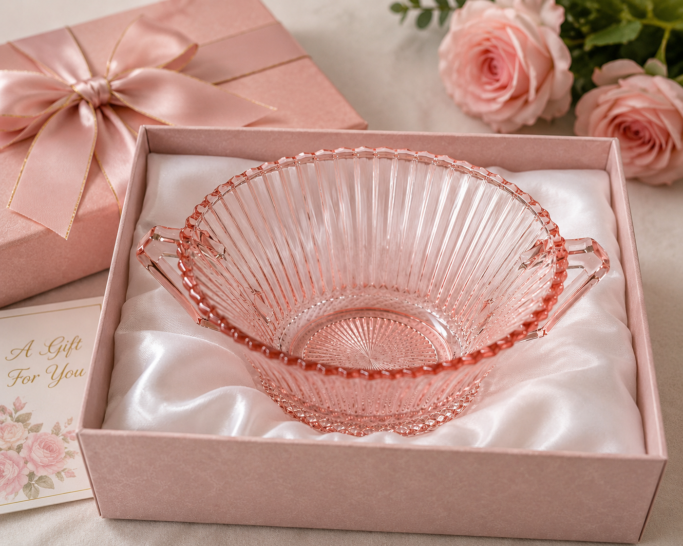 SB-65--Vintage Pink Anchor Hocking Old Cafe Depression Glass Handled Bowl