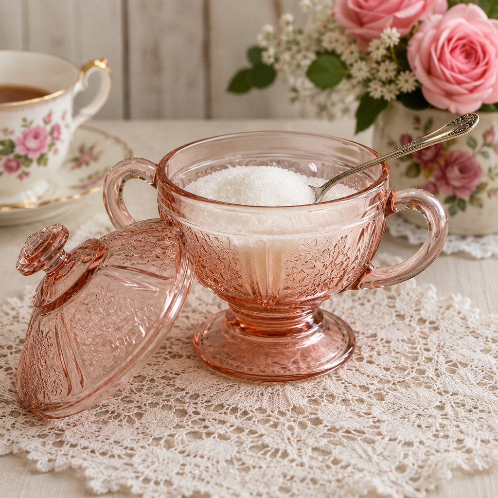 BD-65--Vintage Pink Depression Glass Covered Sugar Bowl with Lid | Floral Two Handle Footed Bowl |
